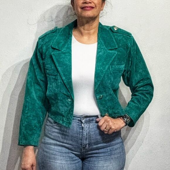 Pensez a moi Green Cropped Suede Leather Vintage Jacket Sz M - Picture 1 of 13